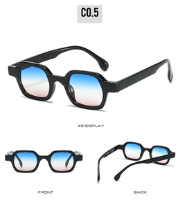 Multi-angle views of square black frame sunglasses with blue-pink gradient lenses