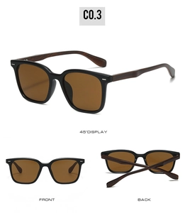 Multiple views of square sunglasses showing dark wood grain temples and rivet details