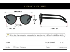 Size chart detail for oval retro sunglasses showing dimensions and PC frame specifications