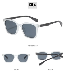 Three-way view of square frosted white sunglasses with dark wood grain textured temples