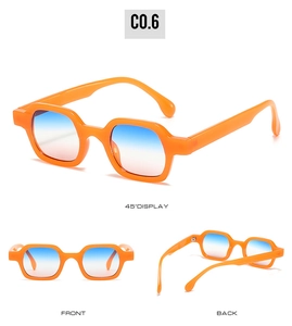 Three-way view of retro orange square sunglasses with gradient blue to pink lenses