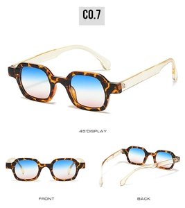 Three-way view of retro square sunglasses featuring tortoiseshell frames and gradient lenses