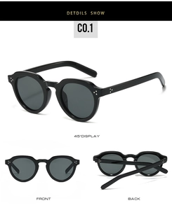 Three-view layout of retro oval sunglasses with rivet details and dark lenses