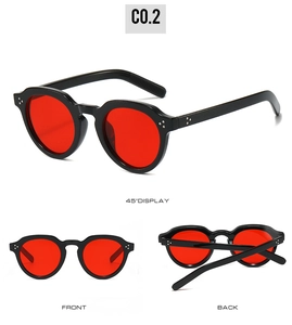Three-view display of vintage round PC sunglasses with red lenses and black frames