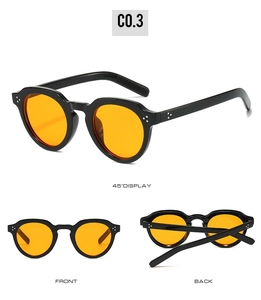 Multi-angle view of oval sunglasses with amber lenses and metal rivet accents