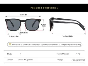 Detailed size chart for retro square sunglasses with frame dimensions and lens specifications