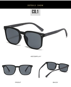Detailed views of square sunglasses with black frame and grey wood grain temple texture