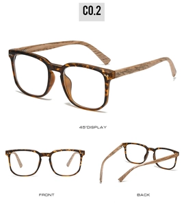 Three perspectives showing square tortoiseshell frames with wood-textured temples and rivets