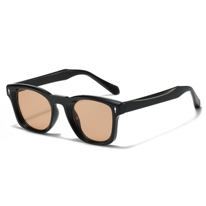 Black square sunglasses with brown lenses and silver arrow metal accents for men and women