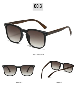 Three-angle display of square wood grain sunglasses with brown gradient lenses and rivets