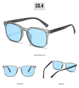 Three-view display of vintage square sunglasses with wood grain temples and gray frames