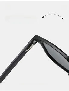 Macro view of durable spring hinge structure on black square frame fashion sunglasses
