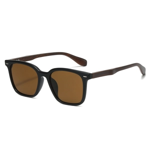 Classic square sunglasses with matte black frames and vintage wood-grain pattern temples