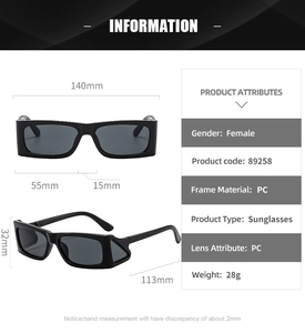 Detailed size specifications for 89258 black square sunglasses with PC frame measurements