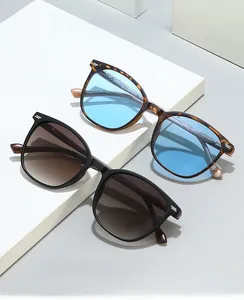 Close-up of retro oval sunglasses with matte black and tortoise frames and silver hinges
