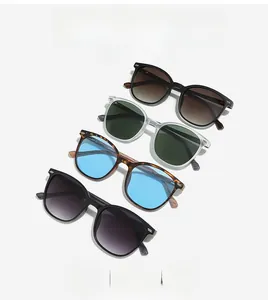 Detailed display of four retro oval sunglasses with wood grain temples and metal rivets