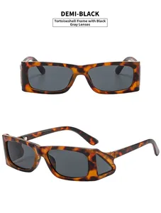 Detail view of tortoiseshell rectangle sunglasses with unique hollow temple design