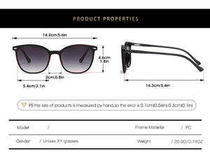 Detailed view of oval retro sunglasses with PC frame measurements and wood grain temples