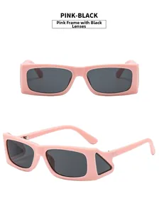 Detail view of pink rectangular sunglasses with side window lenses and gray lenses
