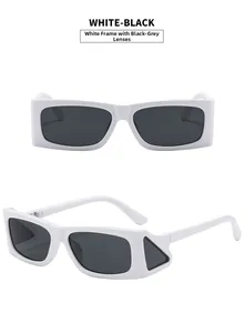 Detail view of bold white rectangular sunglasses with dark grey lenses and side cutouts