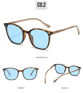 Detailed views of oval sunglasses with faux wood arms and blue lenses in multiple angles