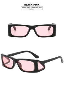 Rectangle sunglasses in polished black frame with pink lenses and side window detail