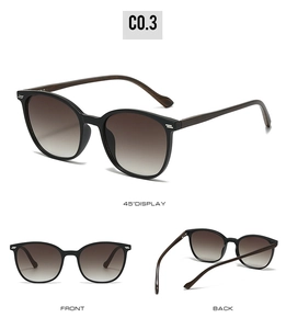Three-view display of vintage oval sunglasses with wood grain temples and silver rivets