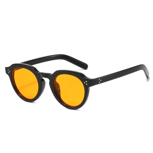 Retro round black sunglasses with orange lenses and triple silver rivet details