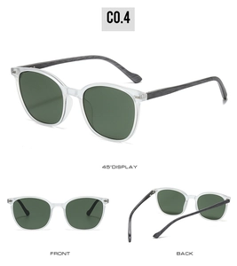 Detail view of oval sunglasses with wood grain temples and grey frame from multiple angles