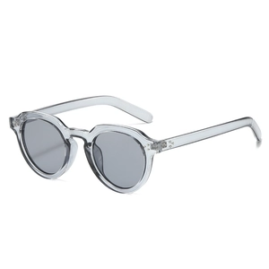 Retro oval sunglasses with transparent grey frame and grey lenses in 45-degree side view