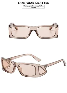Detail view of champagne rectangle sunglasses with light tea lenses and cutout temples