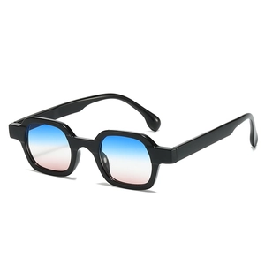 Fashionable rectangle sunglasses with thick black PC frames and blue pink gradient lenses