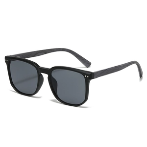 Retro square frame sunglasses with grey wood grain temples and UV protection