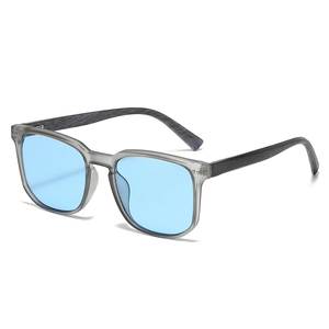 Retro square sunglasses with gray translucent frames and wood grain temples for women