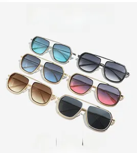 Retro square aviator sunglasses array showing six lens colors and metal frame details