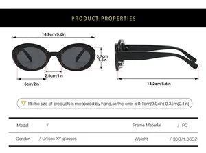 Detailed size chart for retro oval sunglasses showing frame dimensions and PC material info