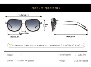 Detailed dimension guide for square frame sunglasses with metal and PC frame materials