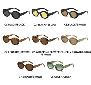 Detailed grid of oval retro sunglasses in 8 assorted vintage colors with Y2K frames