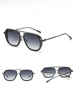 Detail view of pilot style sunglasses with gunmetal frame and side shield mesh accents