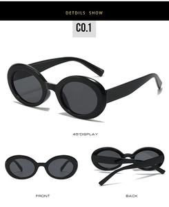 Front, back, and 45-degree angle views of sleek black oval frame vintage sunglasses