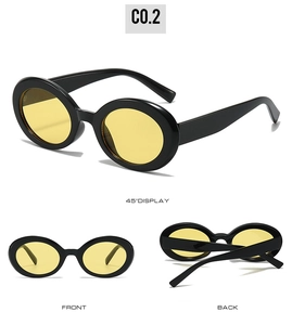 Retro oval sunglasses with black acetate frames and yellow tinted lenses, multiple views