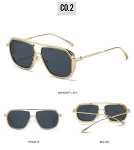 Three perspectives of square pilot sunglasses with gold metal frame and gray lenses