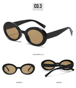 Three-angle display of vintage oval sunglasses with black frames and UV protective lenses