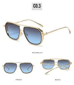 Detailed views of gold metal aviator sunglasses with blue gradient lenses and clear temple tips