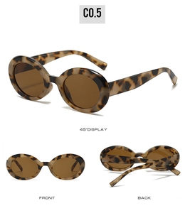 Detailed multi-angle view of vintage oval leopard pattern sunglasses with brown lenses
