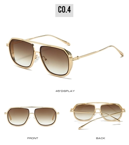 Three perspectives of pilot sunglasses with gold metal frame and gradient brown lenses