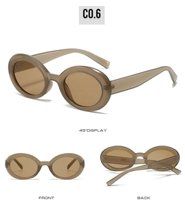 Detailed views of translucent brown oval sunglasses showing 45-degree, front, and back angles
