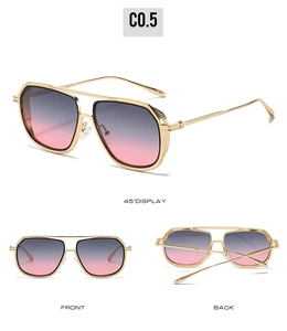 Three-way view of aviator square sunglasses with gold metal frames and gradient pink lenses