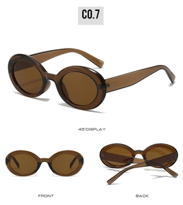 Three-view display of retro oval sunglasses in translucent brown with UV400 lenses
