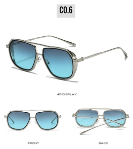 Multi-angle view of silver square sunglasses with blue gradient lenses and metal frame